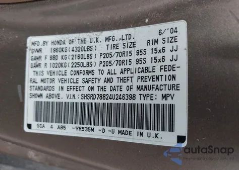 2004 Honda Cr-V Ex z USA, uszkodzony, nr VIN SHSRD78824U246398